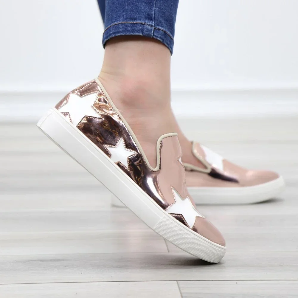 Rose Gold With White Stars Patent Sneakers Shoes - Picture 6 of 14